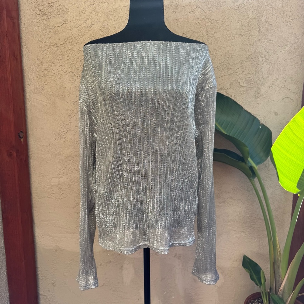 J. Crew Silver Silver Metallic Tinsel Off-Shoulder Blouse